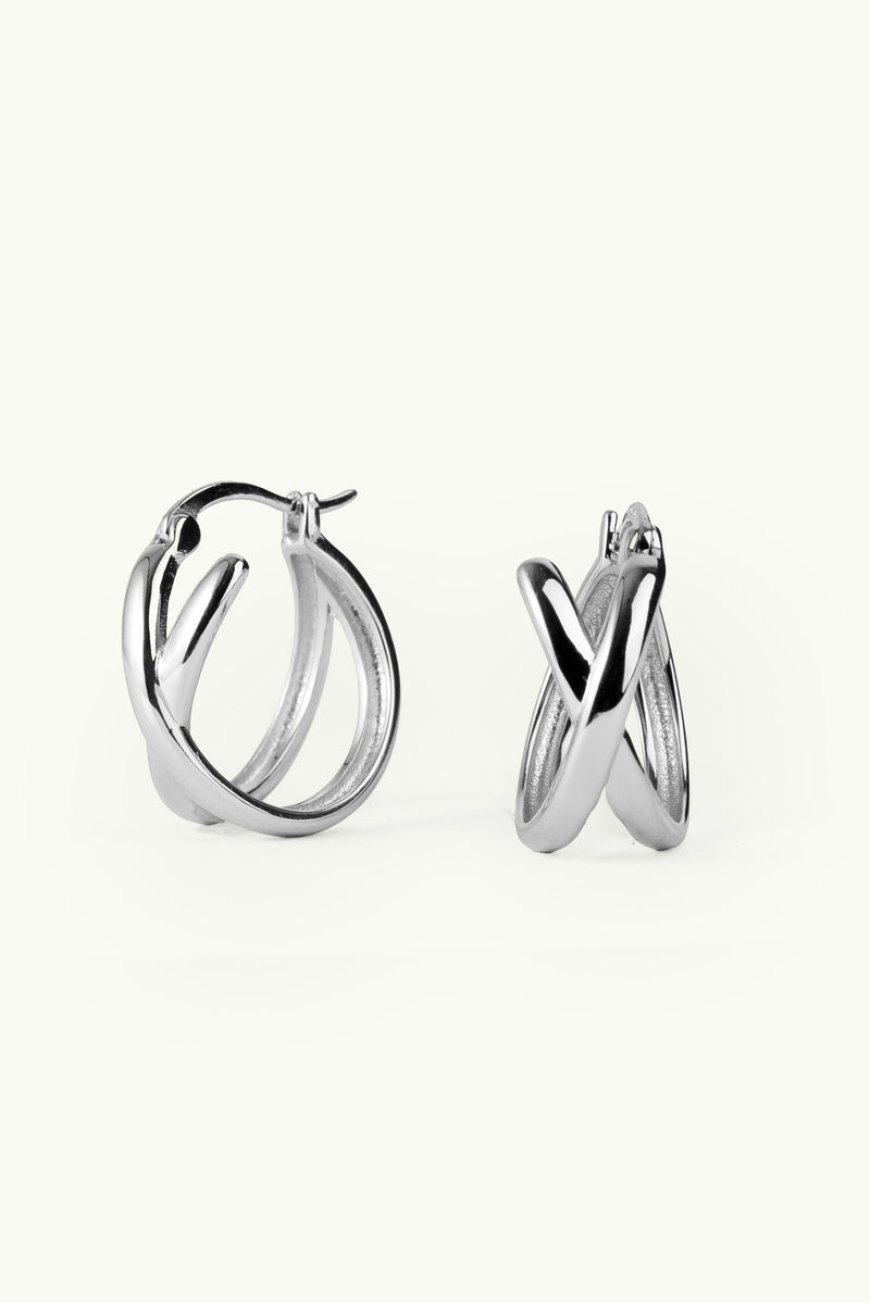 Crossed Plain Hoop Earrings Silver