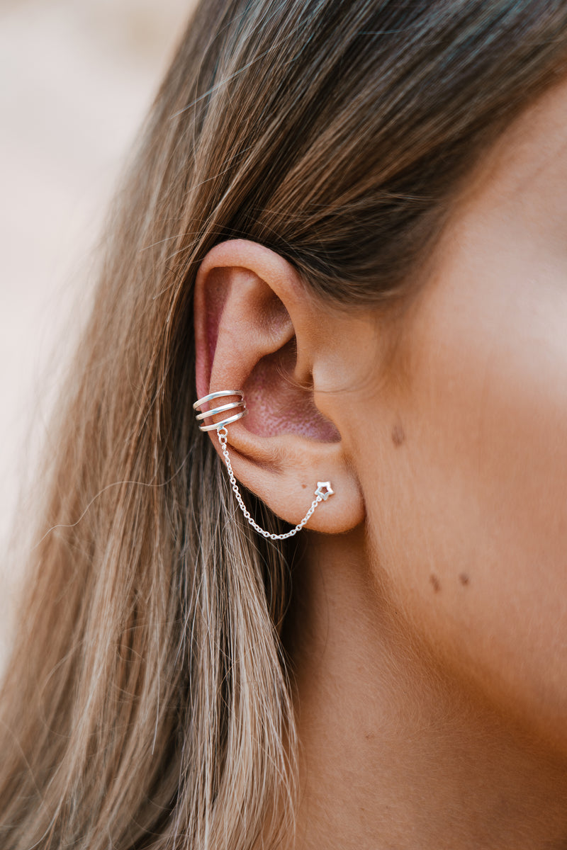 Star Earrings With Ear Cuff Silver